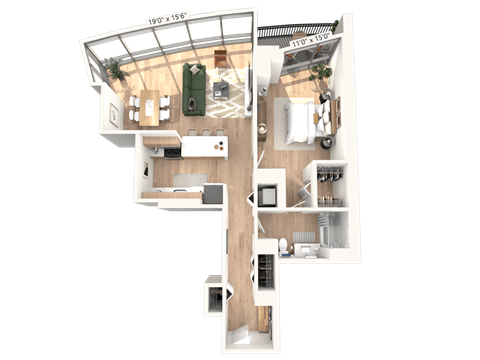 Floor plan for 1 bed, 1 bath, 879 sqft